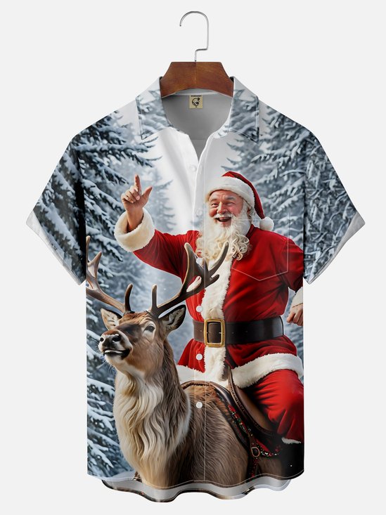 Moisture-wicking Christmas Santa Reindeer Chest Pocket Casual Shirt