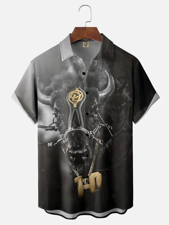 Moisture-wicking American Football Colorado Art Bison Chest Pocket Casual Shirt