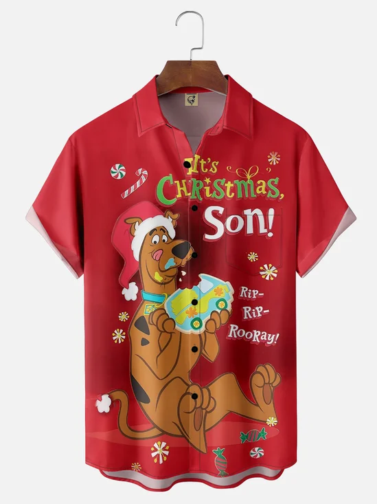 Moisture-wicking Christmas Dog Art Fun Chest Pocket Casual Shirt
