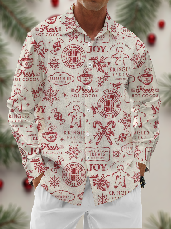 Moisture Wicking Christmas Candy Cane Gingerbread Man Hot Cocoa Chest Pocket Hawaiian Long Sleeve Shirt
