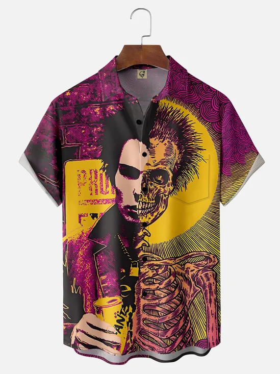 Moisture-wicking Music Festival Grunge Art Punk Skeleton Chest Pocket Casual Shirt