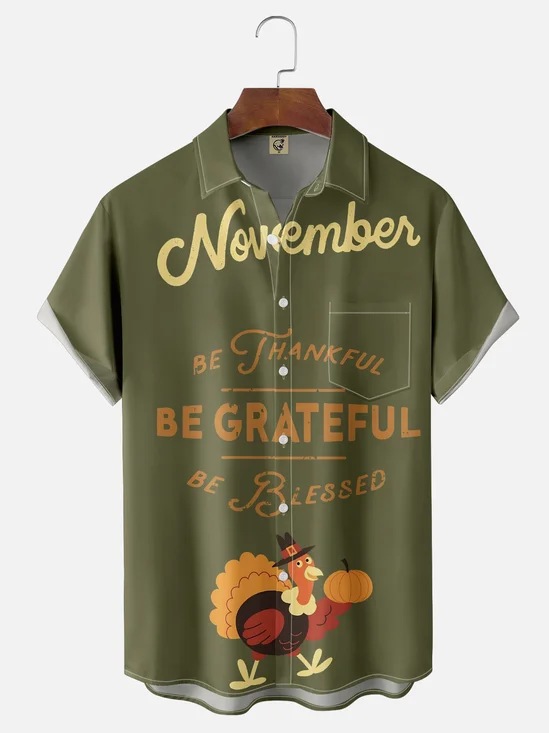 Moisture-wicking Thanksgiving Turkey Art Chest Pocket Casual Shirt