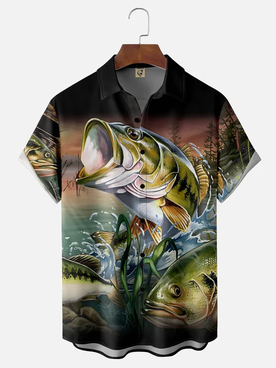 Moisture-Wicking Outdoor Fishing Water Grass Chest Pocket Hawaiian Shirt