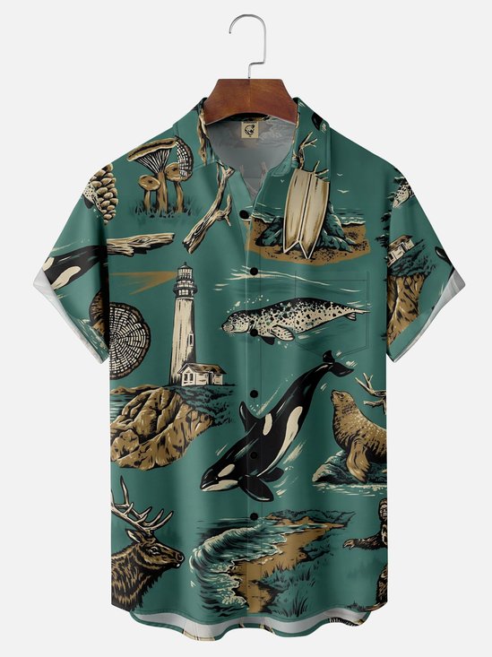 Moisture-Wicking Outdoor Deer Whale Seal Beach Chest Pocket Hawaiian Shirt