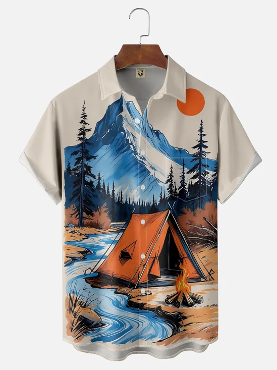 Moisture-Wicking Outdoor Iakeside Mountain Tent Campfire Chest Pocket Hawaiian Shirt