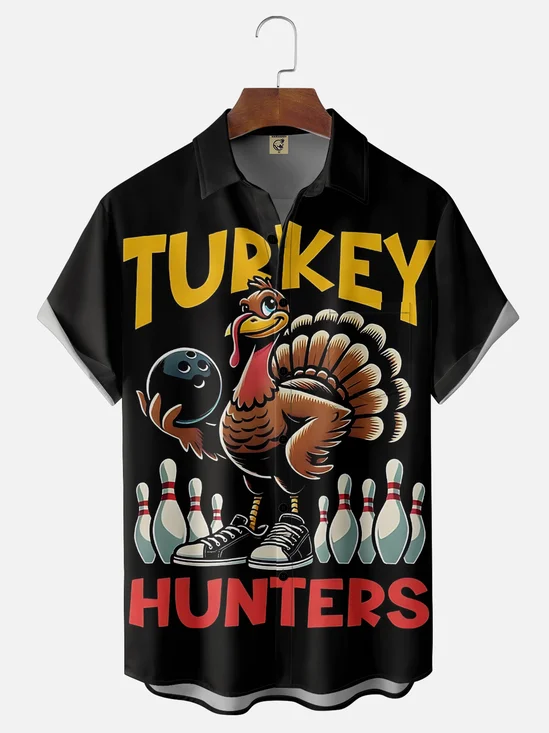 Moisture Wicking Thanksgiving Bowling Turkey Breast Pocket Hawaiian Shirt