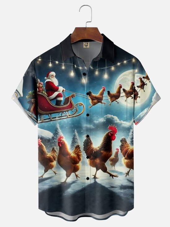 Moisture Wicking Christmas Santa Claus Fun Chicken Chest Pocket Hawaiian Shirt