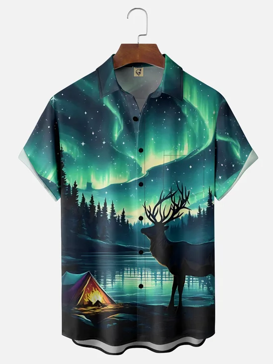 Moisture-Wicking Outdoor Ombre Lakeside Bonfire Deer Chest Pocket Hawaiian Shirt