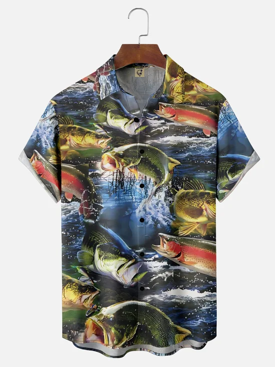 Moisture-Wicking Outdoor Gradient Fish Jumping Out Of The Sea Chest Pocket Hawaiian Shirt