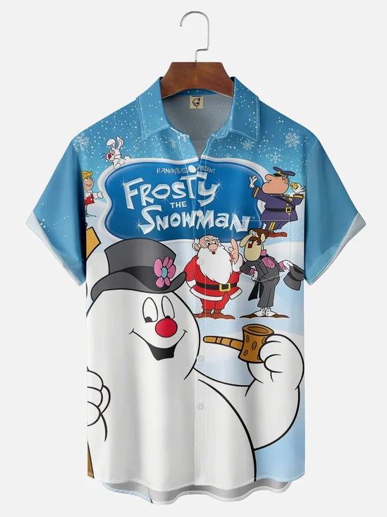 Moisture Wicking Christmas Snowman Chest Pocket Hawaiian Shirt