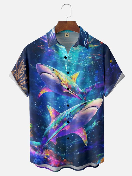 Moisture-Wicking Outdoor Underwater Scene Gradient Color Colorful Shark Chest Pocket Hawaiian Shirt