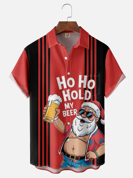 Moisture Wicking Merry Christmas Santa Beer Chest Pocket Bowling Shirt