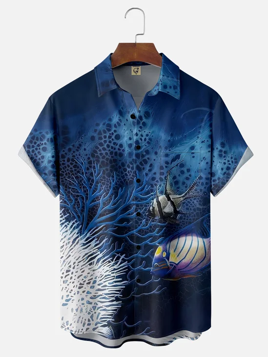 Moisture-Wicking Outdoor Underwater Scenery Gradient Colors Coral Fish Chest Pocket Hawaiian Shirt