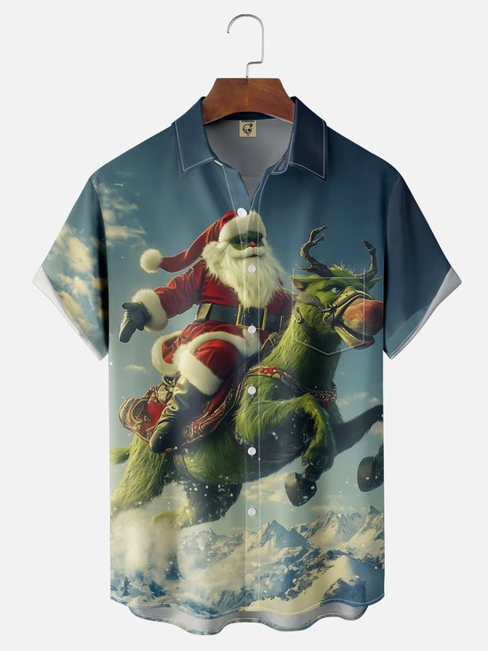 Moisture Wicking Christmas Santa Claus Fun Green Donkey Chest Pocket Hawaiian Shirt
