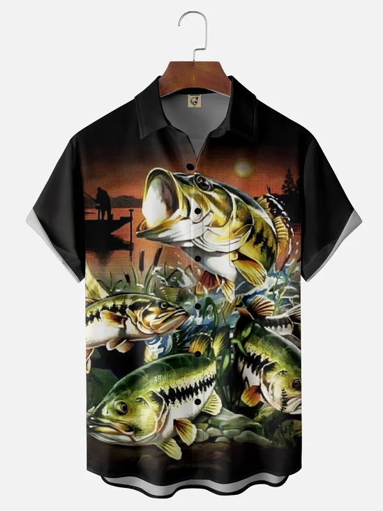 Moisture-wicking Outdoor Gradient Sunset Fish Chest Pocket Hawaiian Shirt