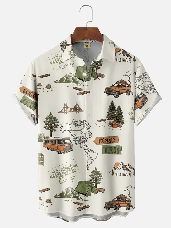 Moisture-Wicking Outdoor Camper Tent Tree Map Chest Pocket Hawaiian Shirt