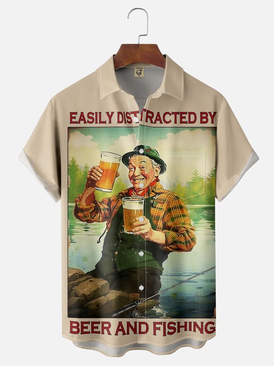 Moisture wicking Outdoor Beer Drinking Fishing Old Man Poster Chest Pocket Hawaiian Shirt