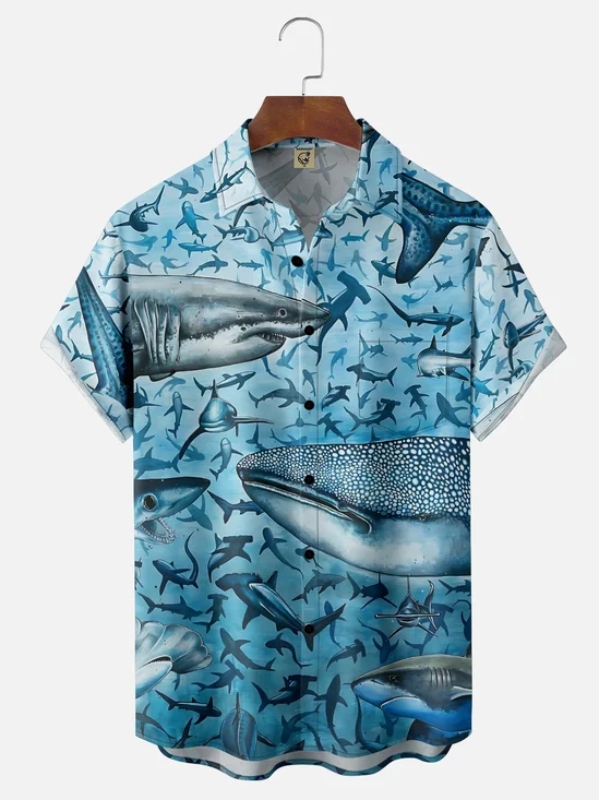 Moisture-Wicking Outdoor Gradient Abstract Whale Chest Pocket Hawaiian Shirt