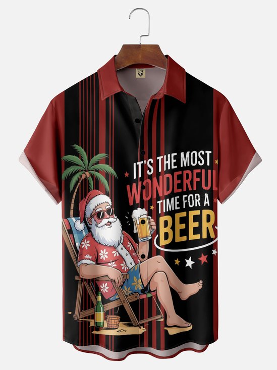 Moisture Wicking Merry Christmas Santa Beer Chest Pocket Bowling Shirt