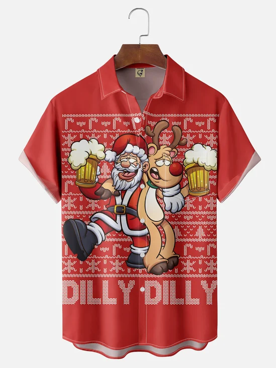 Moisture Wicking Merry Christmas Santa Beer Chest Pocket Hawaiian Shirt