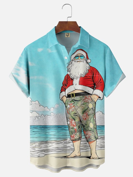 Moisture Wicking Christmas Santa Claus Chest Pocket Hawaiian Shirt