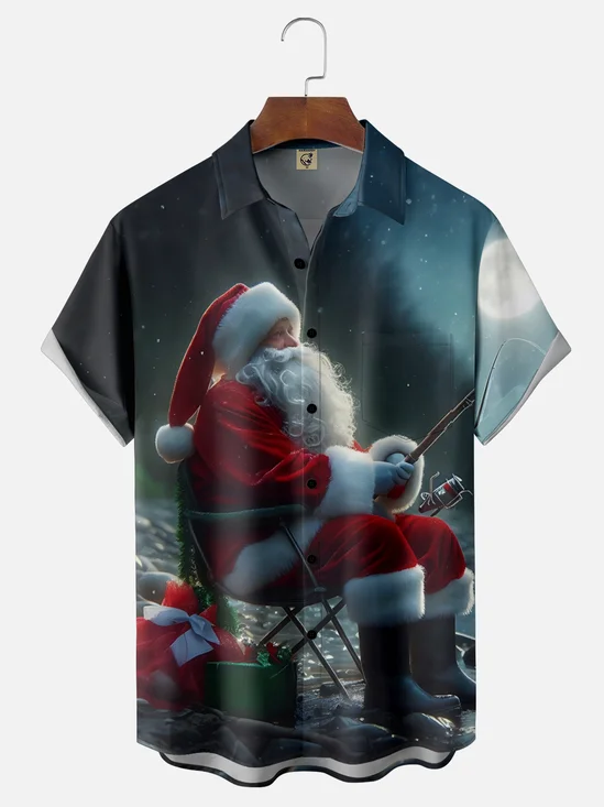 Moisture-Wicking Outdoor Santa Fishing Chest Pocket Hawaiian Shirt