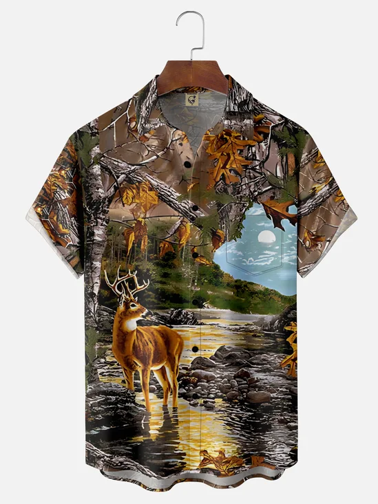 Moisture-Wicking Outdoor Hunting Deer Forest Scenery Chest Pocket Hawaiian Shirt