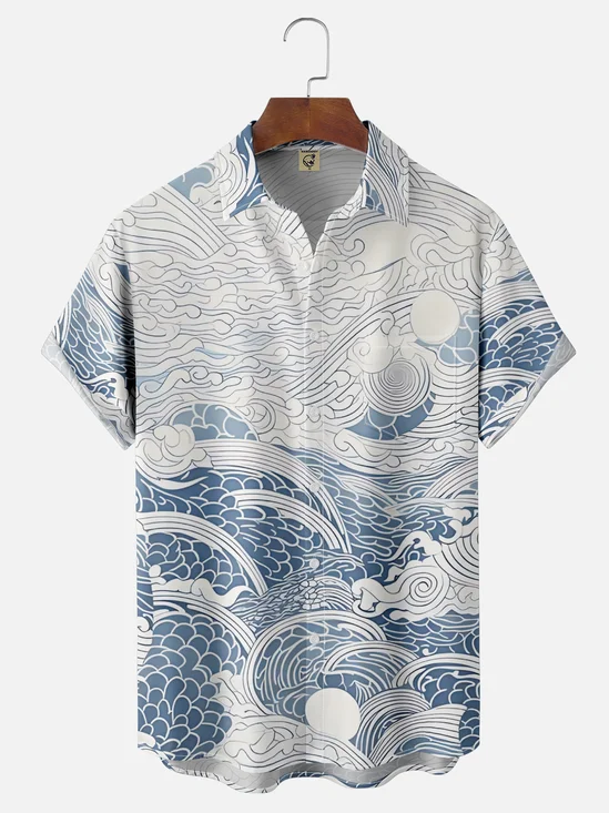 Moisture-Wicking Ukiyo-E Wave Pattern Chest Pocket Holiday Shirt