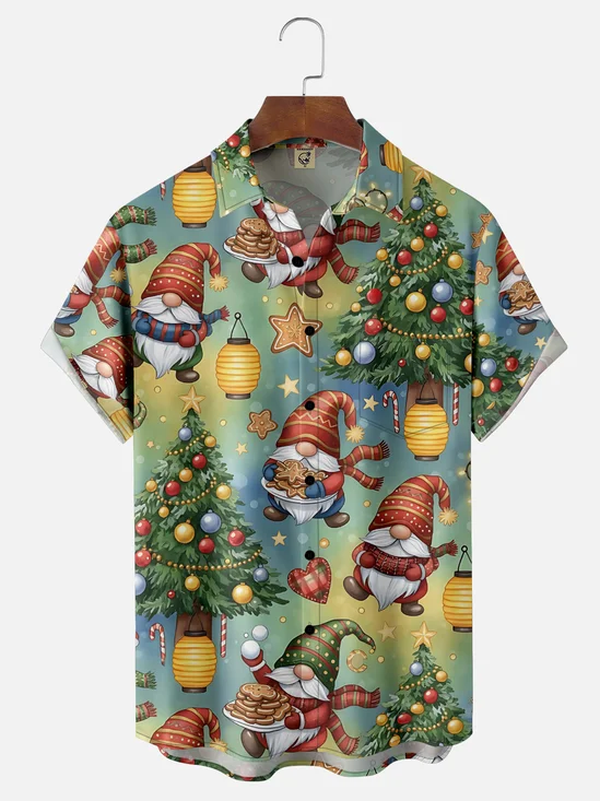 Moisture-Wicking Santa Claus Christmas Tree Chest Pocket Hawaiian Shirt