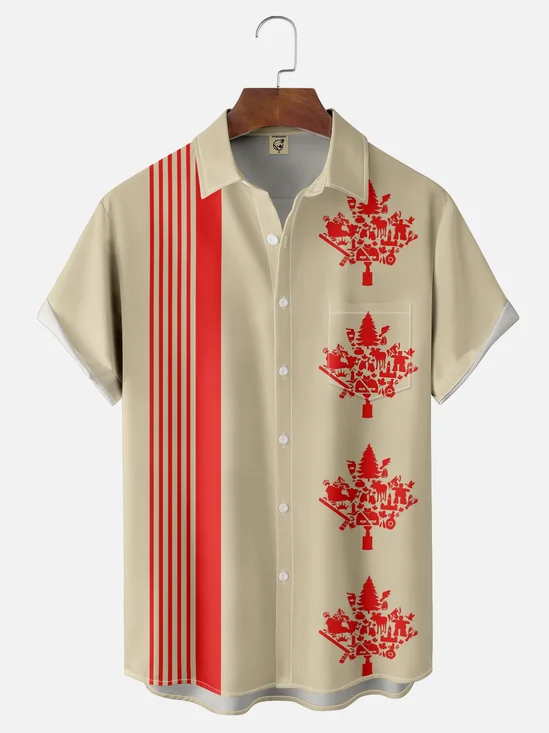 Moisture-Wicking  Canadian Culture Maple Leaf Moose Geometric Design Chest Pocket Hawaiian Shirt