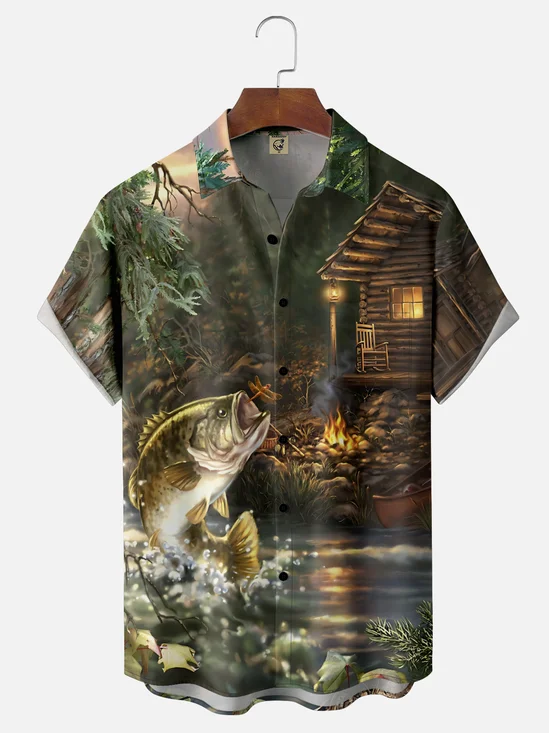 Moisture-Wicking Outdoor Gradient Iakeside Fishing Chest Pocket Hawaiian Shirt