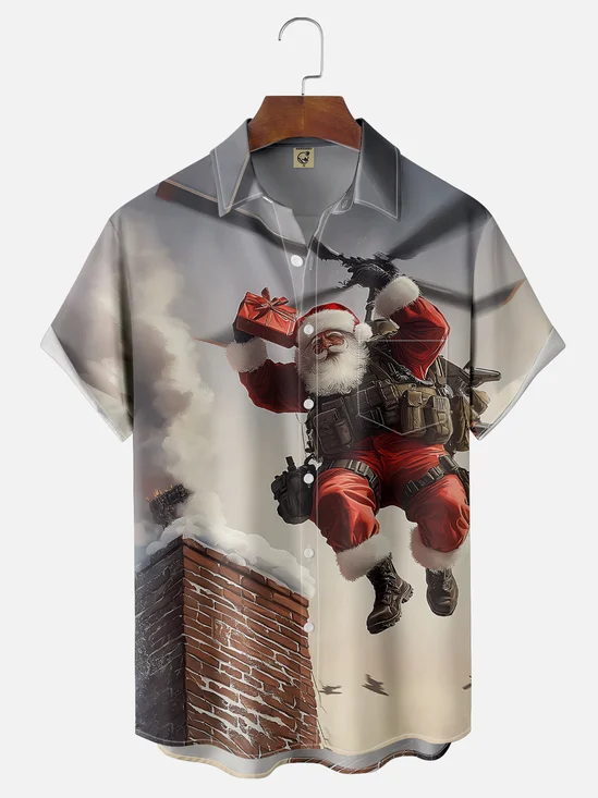 Moisture Wicking Santa Claus Arrives from Helicopter Hawaiian Shirt with Chest Pocket