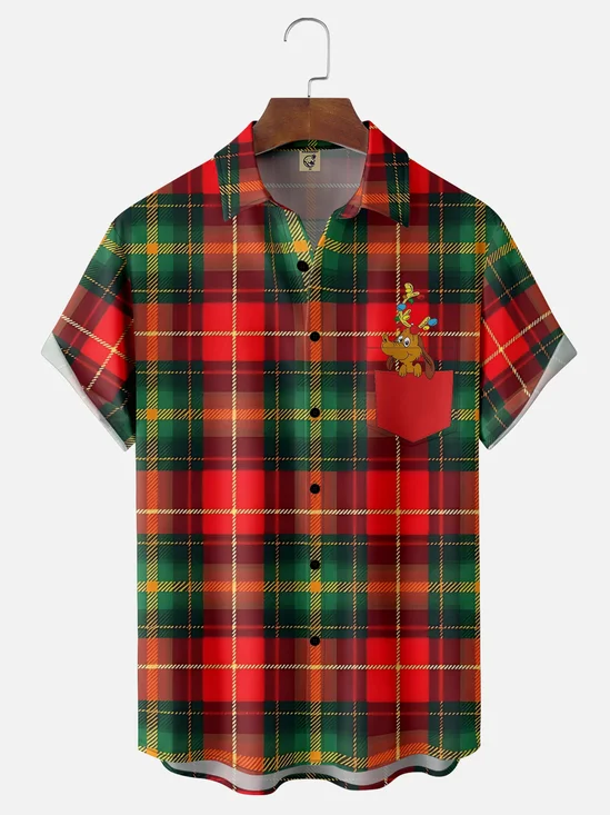 Moisture Wicking Christmas Plaid Animal Chest Pocket Hawaiian Shirt