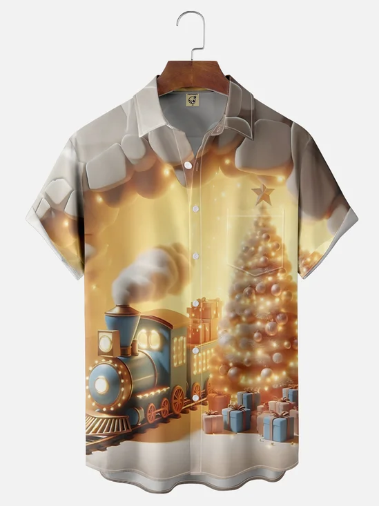 Moisture-Wicking Christmas Tree Train Chest Pocket Hawaiian Shirt