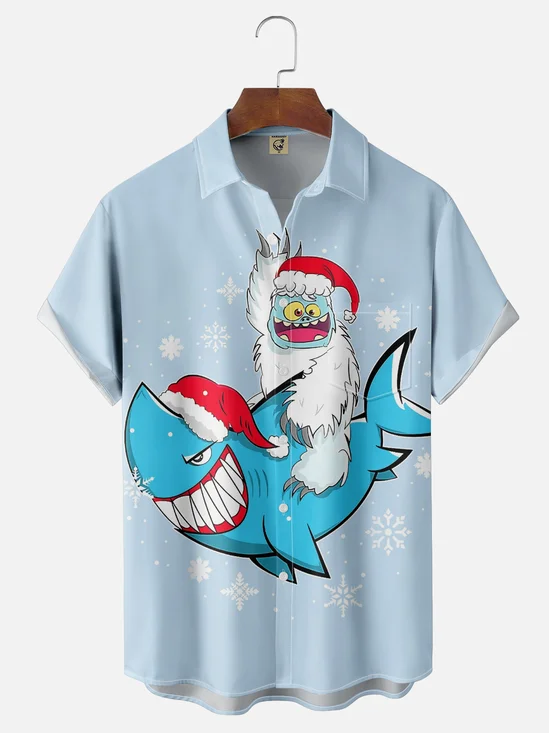 Moisture-Wicking Christmas Snowman Shark Chest Pocket Hawaiian Shirt