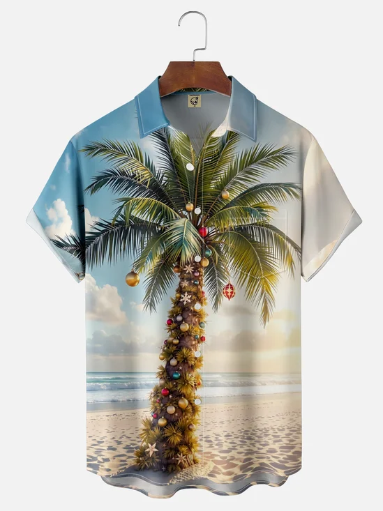 Moisture-Wicking Beach Christmas Tree Chest Pocket Hawaiian Shirt