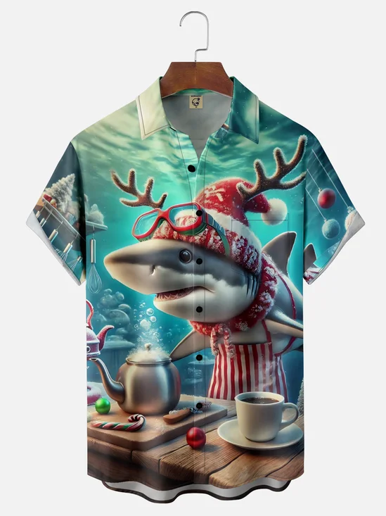 Moisture-Wicking Christmas Shark Chest Pocket Hawaiian Shirt