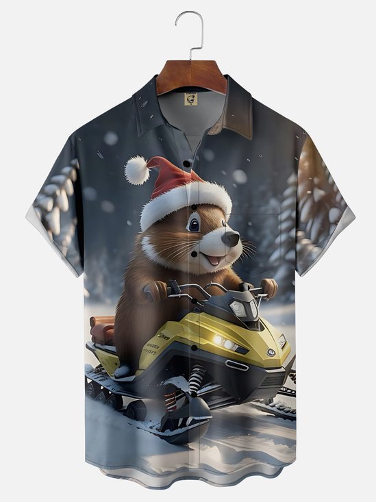 Moisture-Wicking Snowmobile Groundhog Chest Pocket Hawaiian Shirt