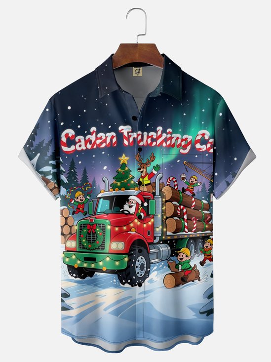 Moisture-Wicking Breathable Santa Claus Reindeer Christmas Tree Transport Chest Pocket Hawaiian Shirt