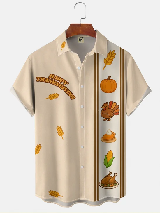 Moisture-wicking Thanksgiving Turkey Fun Pumpkin Chest Pocket Bowling Shirt