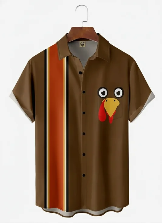 Moisture-wicking Thanksgiving Turkey Chest Pocket Bowling Shirt