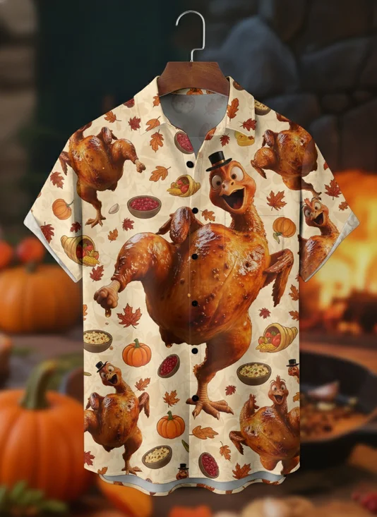 Moisture-wicking Thanksgiving Turkey Pumpkin Chest Pocket Casual Shirt