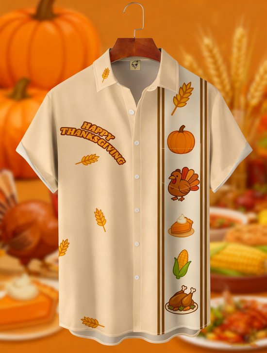 Moisture-wicking Thanksgiving Turkey Fun Pumpkin Chest Pocket Bowling Shirt