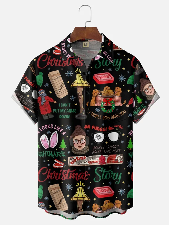 Moisture Wicking Christmas Story Chest Pocket Hawaiian Shirt