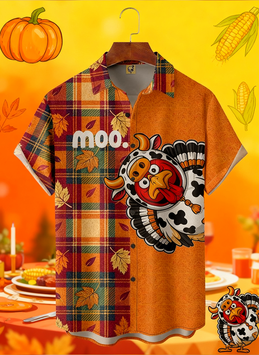 Moisture-Wicking Fun Design With Turkey Maple Leaf And Checkered Patterns Chest Pocket Hawaiian Shirt