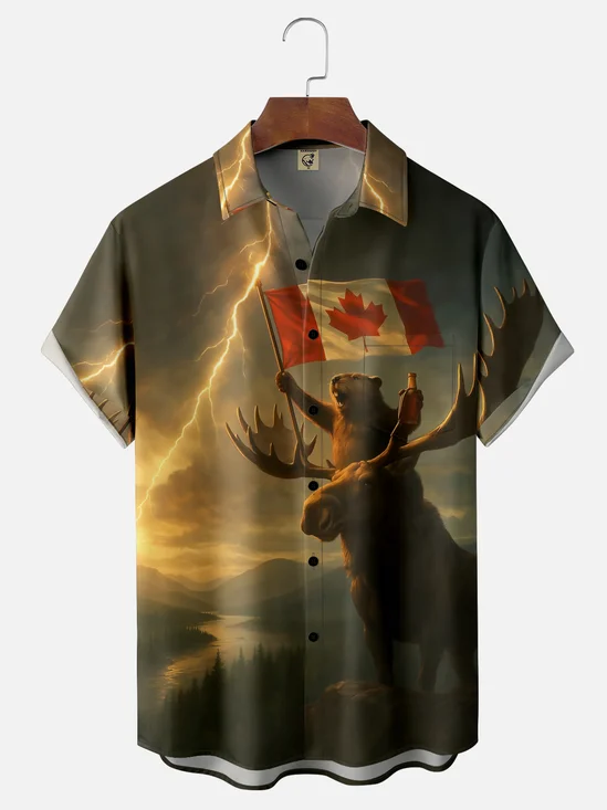 Moisture-wicking Canada Beaver Red Deer Lightning Chest Pocket Casual Shirt