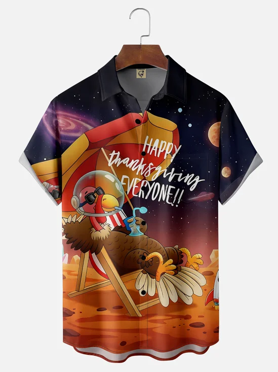 Moisture Wicking Thanksgiving Fun Turkey Cosmic Planet Chest Pocket Hawaiian Shirt