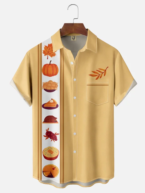 Tall Size Moisture-wicking Thanksgiving Turkey Pumpkin Chest Pocket Bowling Shirt