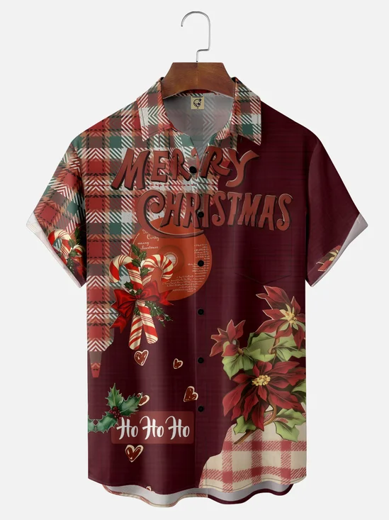 Moisture-wicking Christmas Candy Cane Plaid Chest Pocket Casual Shirt
