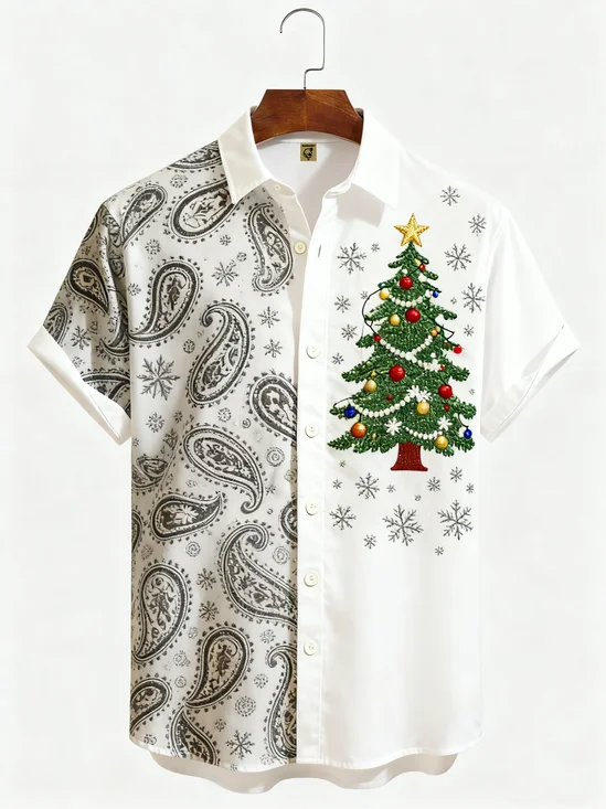 Moisture-wicking Christmas Tree Paisley Chest Pocket Holiday Shirt